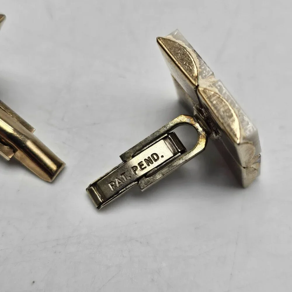 Vintage Gold Tone White Enamel Cufflinks With Square Mosaic Design